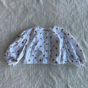 Meadows L.F. Markey White Daffodil Embroidered Puff Sleeve Cropped Blouse US 8